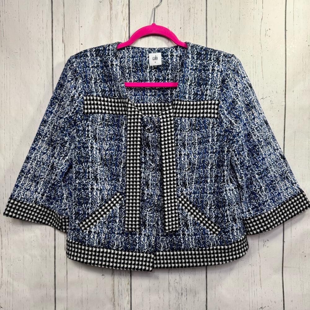 CAbi Reina Collection Club Jacket Button Front 3/4 Sleeves Bow Trim Sz M Preppy